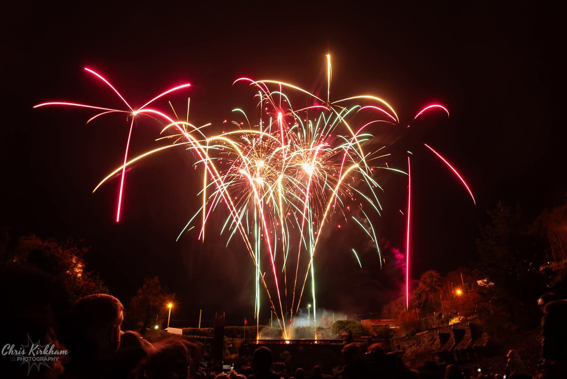 Fireworks bursting over a crowd at a night-time display